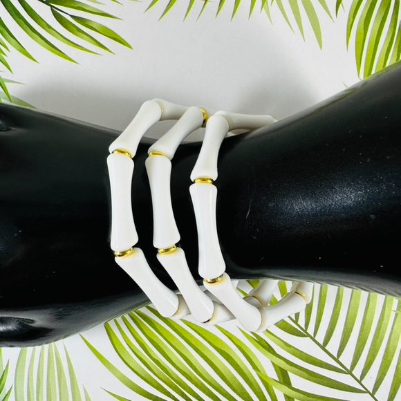 Set of 3 retro tiki bamboo look stretch bracelets in glossy white and go… - Picture 1 of 3